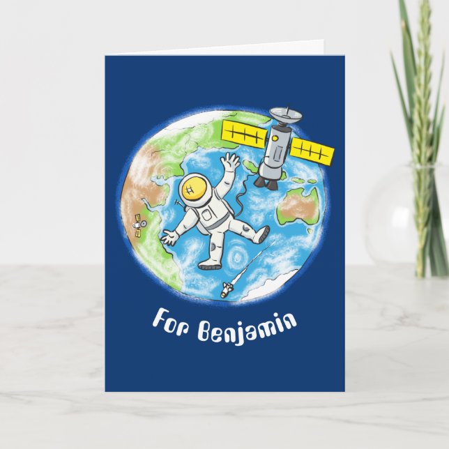 Lönsam astronaut i rymden och jordens tecknad kort (Framsida)