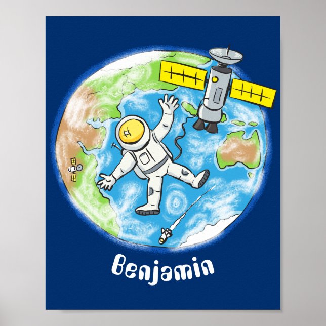 Lönsam astronaut i rymden och jordens tecknad poster (Framsidan)