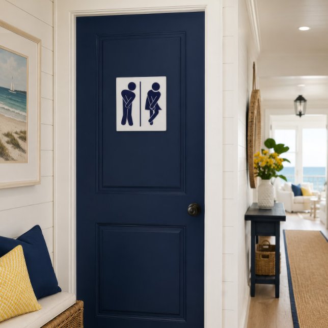 Lönsam återställningssignal poster (Funny navy restroom sign displayed on a coastal bathroom door with bright seaside decor.)