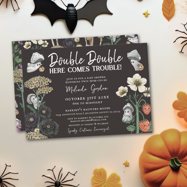 Lönsam Black Halloween Spöken Twillingar Baby Show Inbjudningar (Double Double Here comes trouble twin baby shower invitations for Halloween theme baby shower)