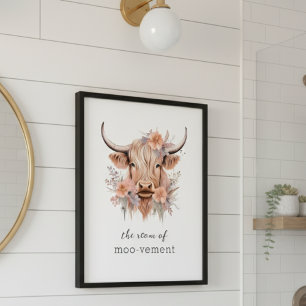 Lönsam Blommigt Highland Cow Bathroom Decor Wall A Fototryck
