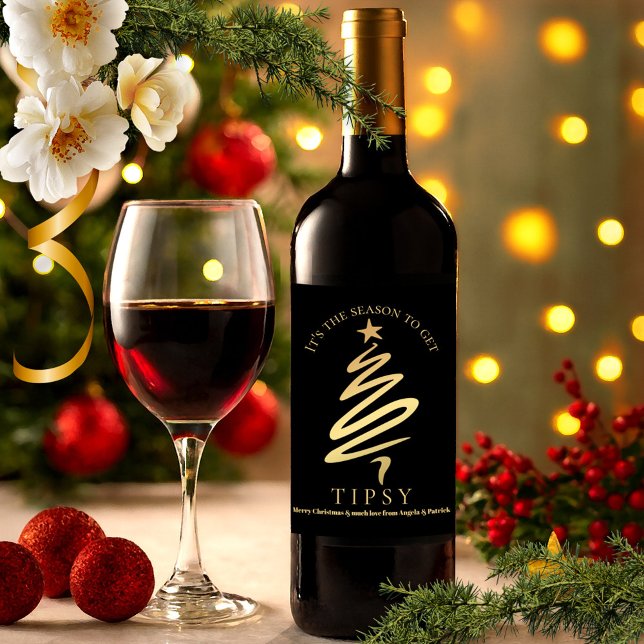 Lönsam Chic Black och Guld Vin-juletikett Vinflaska Etikett (Holiday wine label featuring a gold stylized Christmas tree on a black background)