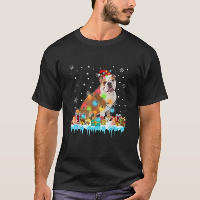 Lönsam engelska Bulldog Hund Träd jul Ljus Xm T Shirt (Framsida)