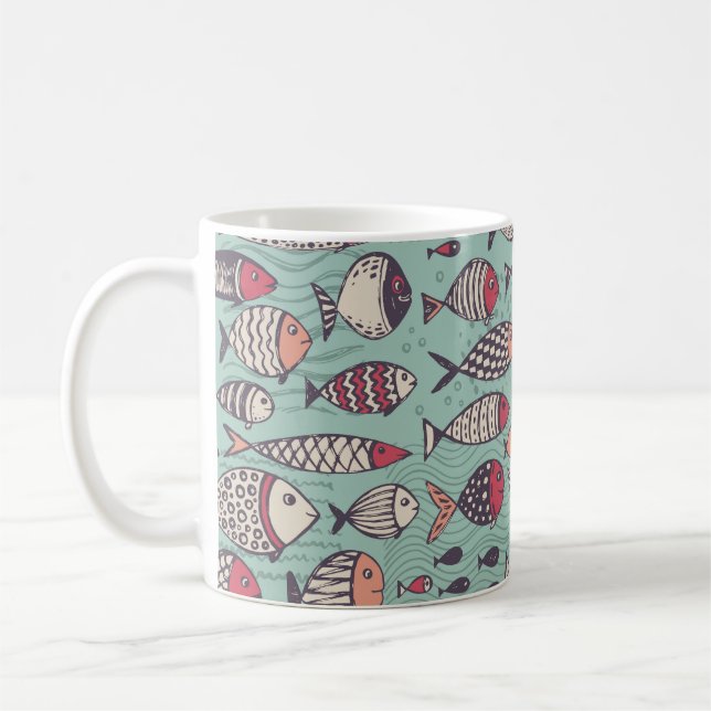 Lönsam fisk: handdragen sömlös mönster. kaffemugg (Vänster)