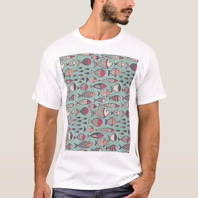 Lönsam fisk: handdragen sömlös mönster. t shirt (Framsida)