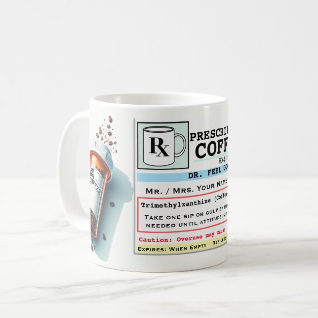 Lönsam förskrivningsetikett RX-kaffe Mugg (Framsida vänster)