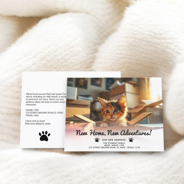 Lönsam foto på tassar ny adress flytta i hemmet meddelande vykort (Funny pet photo paws new address home moving announcement postcard)