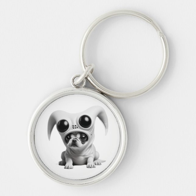 Lönsam främmande hund rund silverfärgad nyckelring (Framsidan)