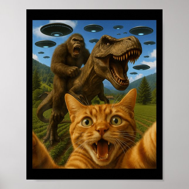 Lönsam grafik- och cattselfie med böjt T-rex Poster (Framsidan)
