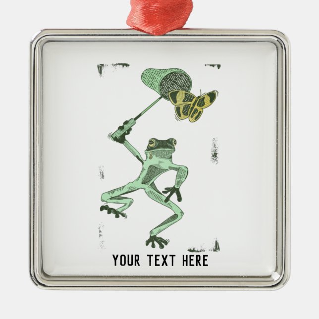 Lönsam groda som jagar fjäril julgransprydnad metall (Framsidan)