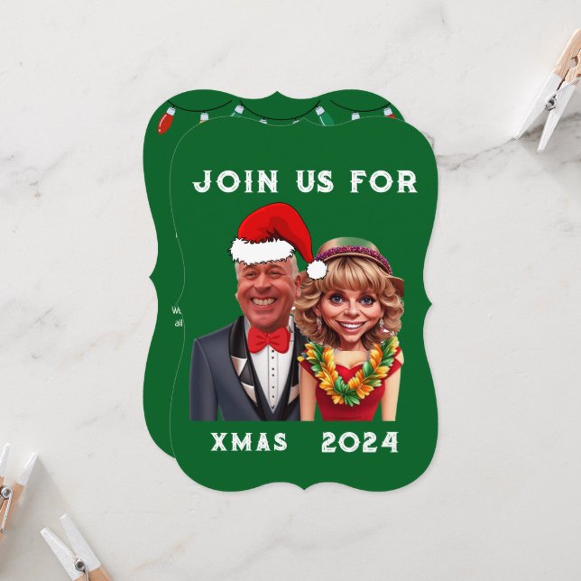 Lönsam Grönt och Julafton Caricature par Inbjudningar (Fram/Back In Situ)