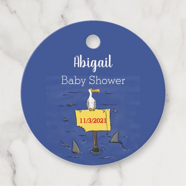 Lönsam havsfågel omringad av hajarnas tecknad gåvor etiketter (Framsida)