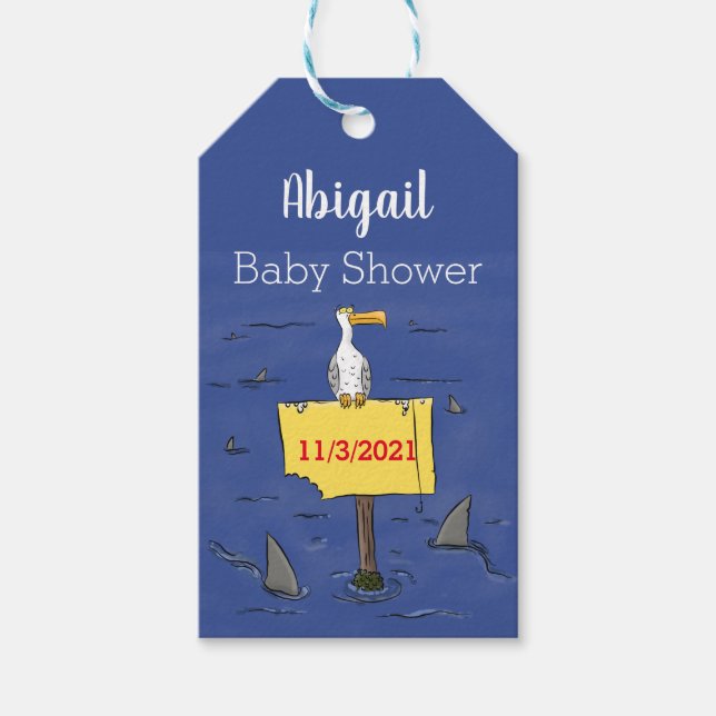 Lönsam havsfågel omringad av hajarnas tecknad presentetikett (Framsidan)