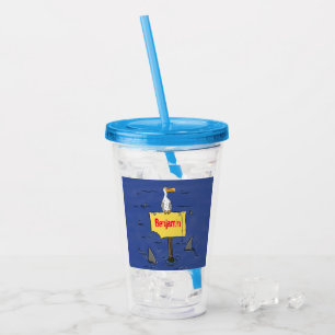 Lönsam havsfågel omringad av hajarnas tecknad take away mugg