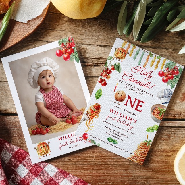 Lönsam Heliga Cannoli liten meatball 1:a födelseda Inbjudningar (Funny Holy Cannoli little meatball 1st birthday Invitation)