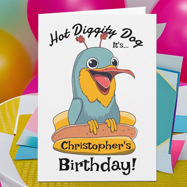 Lönsam Hett Hund älskare Cute Fånig Bird in Bun +  Kort (Excited bird character loves hot dogs! Personalized birthday card for kids says, "hot diggity dog")