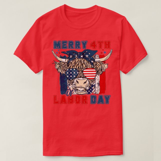 Lönsam höglandskö Merry 4:e arbetsdagen Amerika T Shirt (Design framsida)