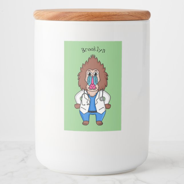 Lönsam illustration av tecknaden doktor i mandrill mat etikett (Framsida)