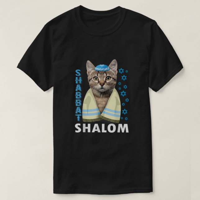 Lönsam judisk shabbat Shalom Cute Cat med Kippah T Shirt (Design framsida)