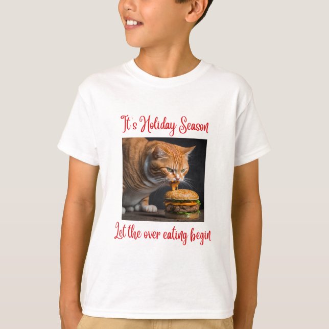 Lönsam Jul Ginger Tjock Cat Eating Burger Barn T Shirt (Framsida)