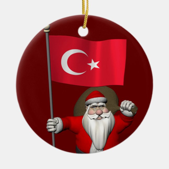 Lönsam Jultomten med Flagga Turkiet Julgransprydnad Keramik (Framsidan)