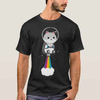 Lönsam katt som flyger genom rymden med regnbåge. t shirt