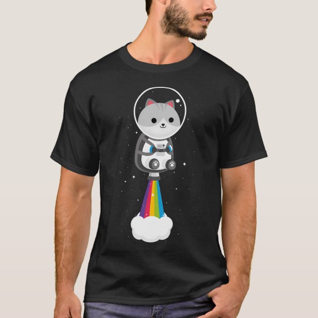 Lönsam katt som flyger genom rymden med regnbåge. t shirt (Framsida)