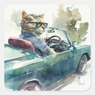 Lönsam katt som kör ett finare-etikett för sportbi fyrkantigt klistermärke