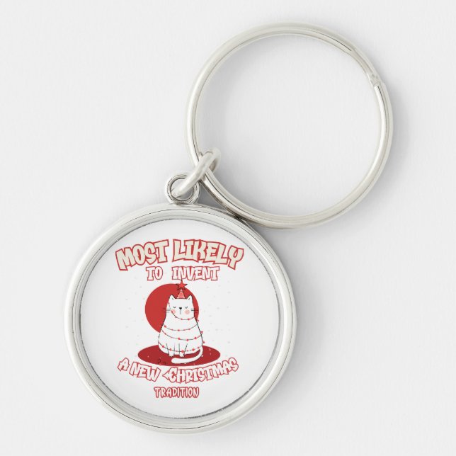 Lönsam katt som mest lockar en ny julklapp rund silverfärgad nyckelring (Framsidan)