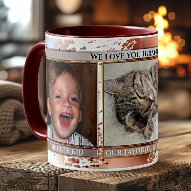 Lönsam konstgjord Blue Brown Cute Photo Mugg (Funny photo mug featuring 3 photos of your favorite family members framed by an artistic design)