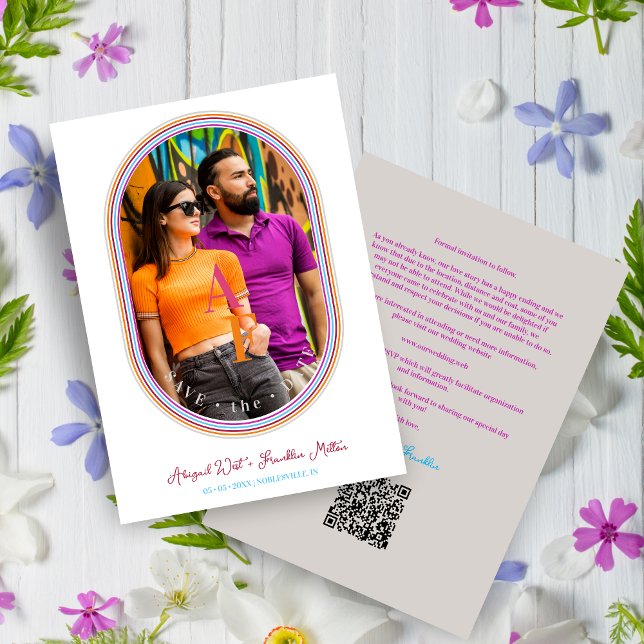 Lönsam, modern, flerfärgad, minimalistisk Bröllop Spara Datumet (Funny Wedding Modern Oval Multicolored Minimalist Photo Save the Date Card with Envelope.)