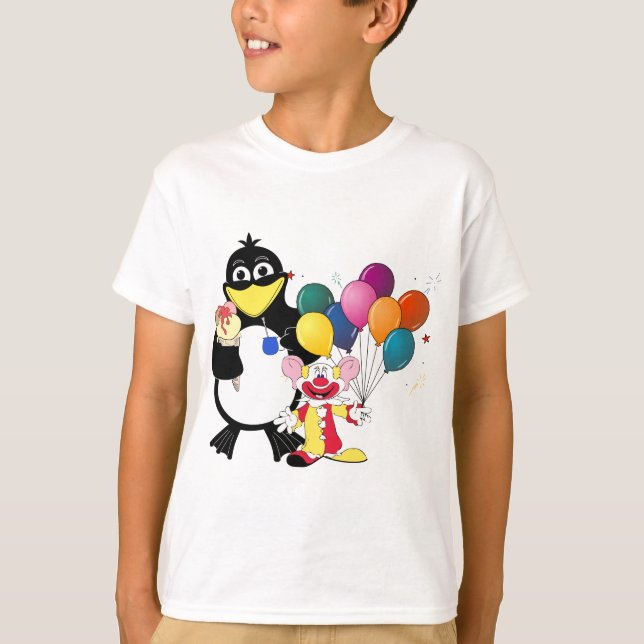 Lönsam penguin och clown-tecknad t-shirt (Framsida)