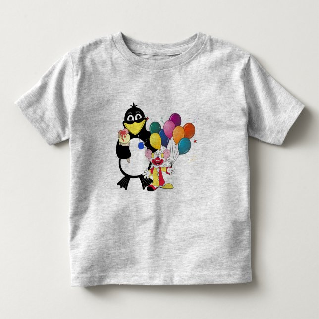 Lönsam penguin och clown-tecknad tee shirt (Framsida)