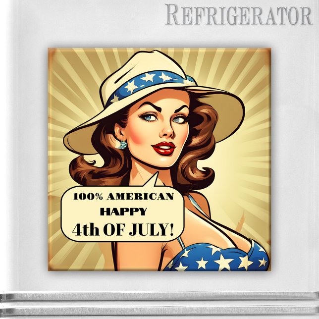Lönsam Retro Tecknad Pin-up 4:e juli Magnet (4th of July magnet featuring a funny retro cartoon illustration of a pin-up girl with cowboy hat)