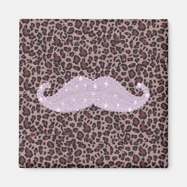 Lönsam Rosa Bling Mustache och Animal Print Mönste Magnet (Framsidan)