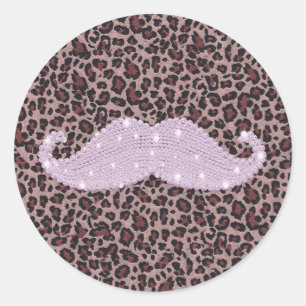 Lönsam Rosa Bling Mustache och Animal Print Mönste Runt Klistermärke