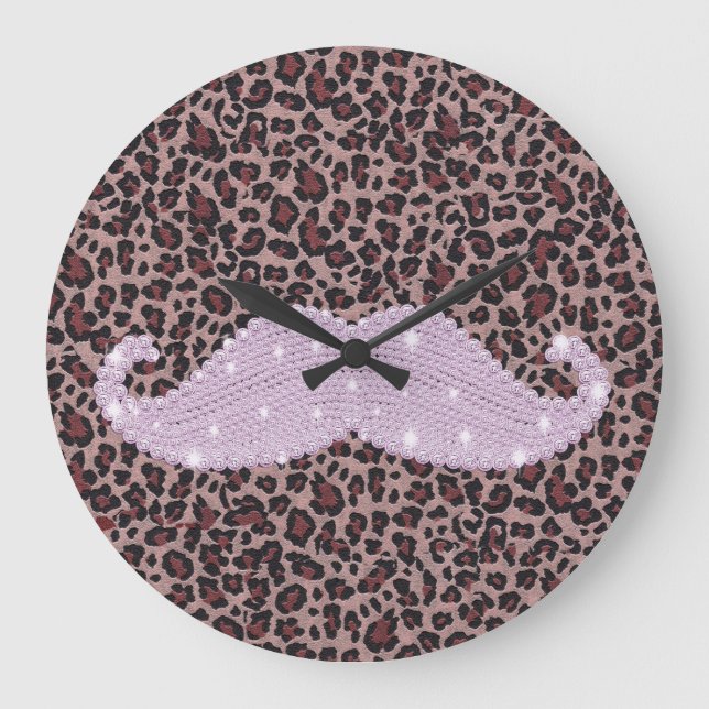 Lönsam Rosa Bling Mustache och Animal Print Mönste Stor Klocka (Framsida)