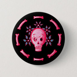 Lönsam skulldesign - Rosa Skull med Lycklig Mask Knapp