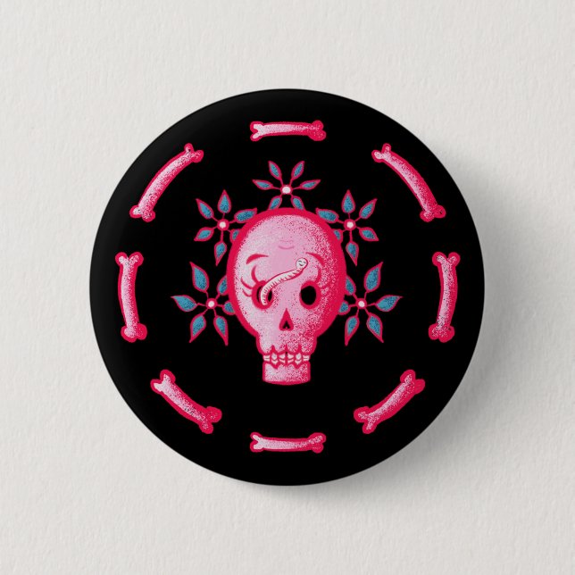 Lönsam skulldesign - Rosa Skull med Lycklig Mask Knapp (Framsida)