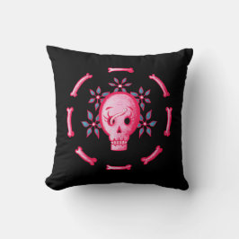 Lönsam skulldesign - Rosa Skull med Lycklig Mask Kudde