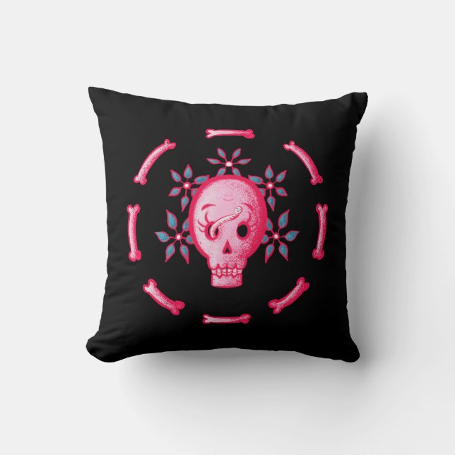 Lönsam skulldesign - Rosa Skull med Lycklig Mask Kudde (Framsida)