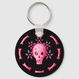 Lönsam skulldesign - Rosa Skull med Lycklig Mask Nyckelring