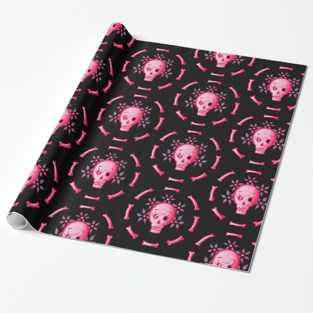 Lönsam skulldesign - Rosa Skull med Lycklig Mask Presentpapper (Utrullad)