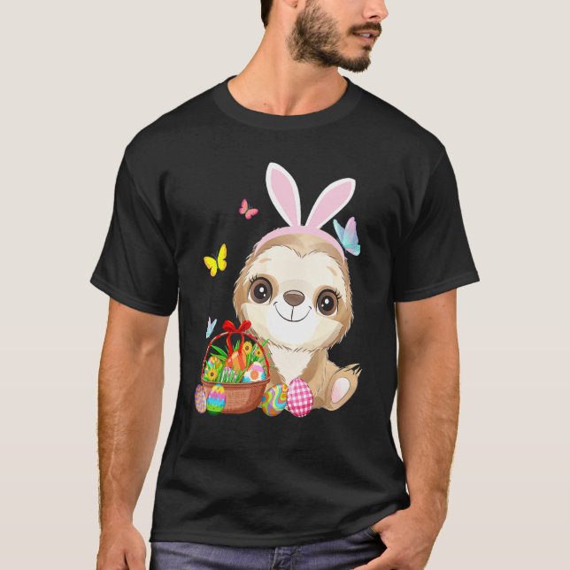 Lönsam Sloth Bunny Ear med Eggs Basket Påsk T Shirt (Framsida)