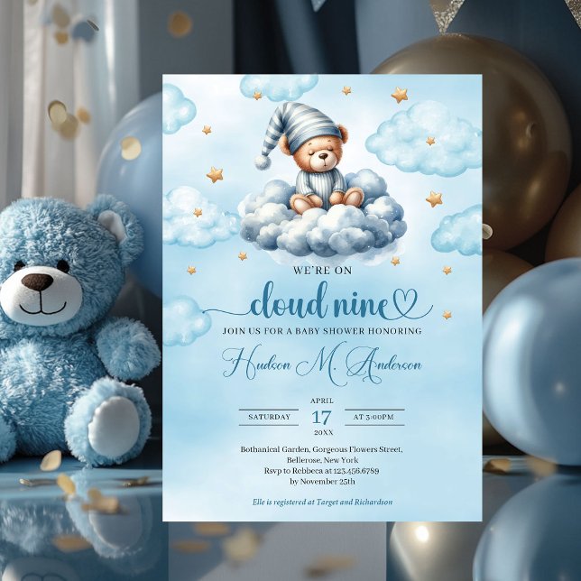 Lönsam sovande nalle moln nio babyskor inbjudningar (blue and gold we're on cloud nine boy baby shower invitation)