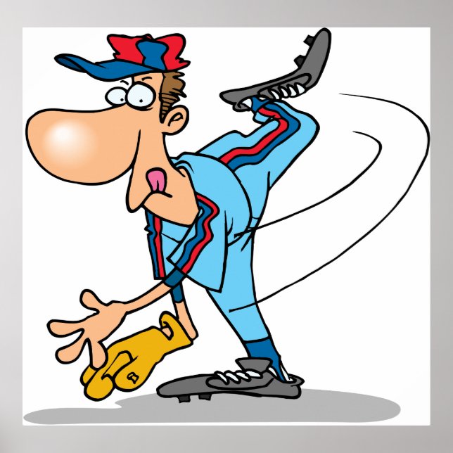 Lönsam Tecknad Baseball Pitcher Throwing a Fastbal Poster (Framsidan)