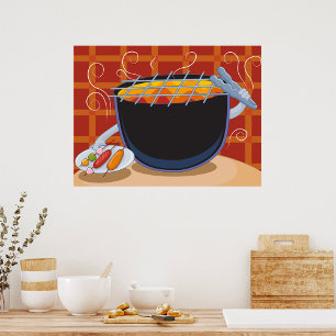 Lönsam Tecknad BBQ Grill med Tongs och Skewers Poster