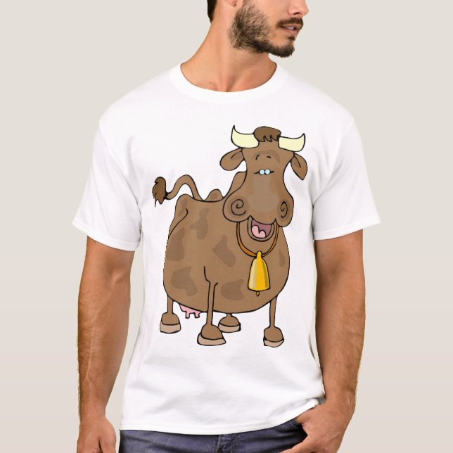 Lönsam Tecknad Brun Cow med Bell Farm Animal T Shirt (Framsida)