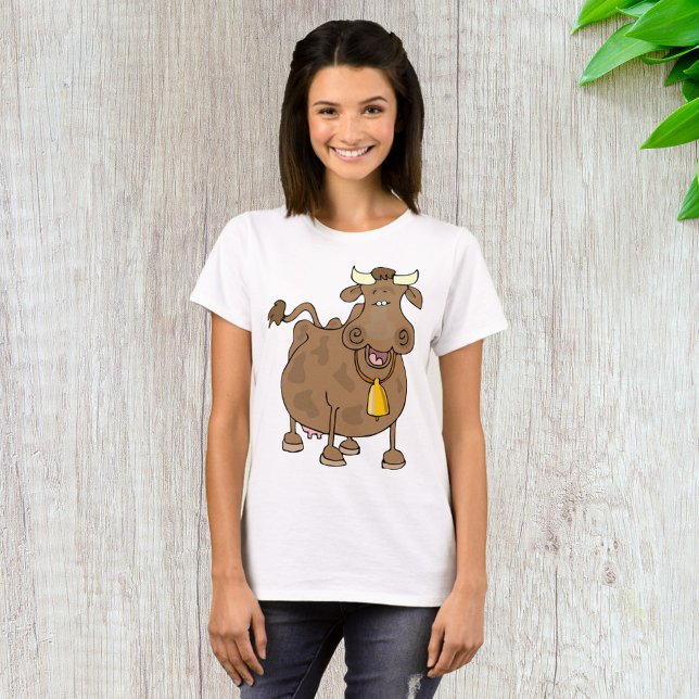 Lönsam Tecknad Brun Cow med Bell Farm Animal T Shirt (Skapare uppladdad)