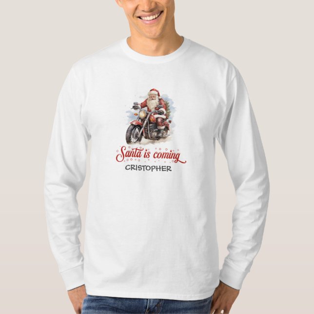 Lönsam tecknad Jultomten på motorcykel T Shirt (Framsida)